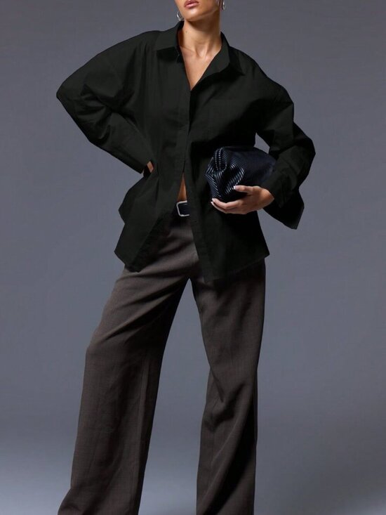 Tops - Black Casual Women's Oversized Button Up Shirt